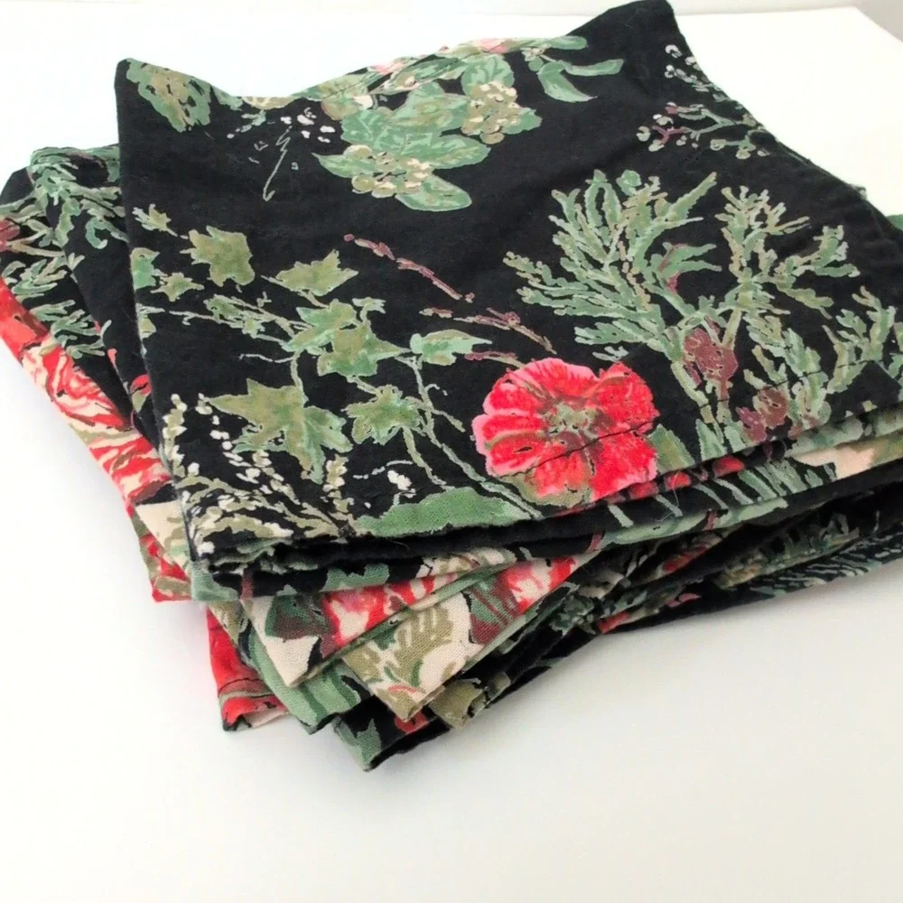 April Cornell  Floral Cotton Napkins Set of 15 Red Roses Botanical Cottagecore